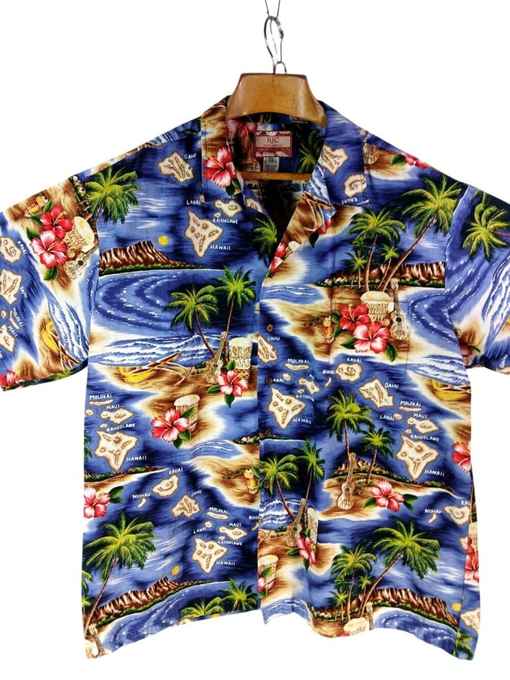 RJC Mens Hawaiian Shirt Size 4X Blue Multi Map Main Islands Coconut Buttons USA